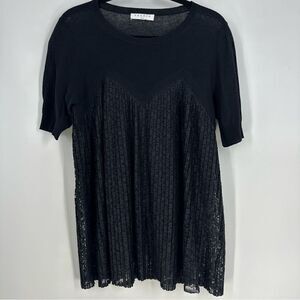SANDRO Paris Black Linen Blend Lace Pleated Short Sleeve Top L